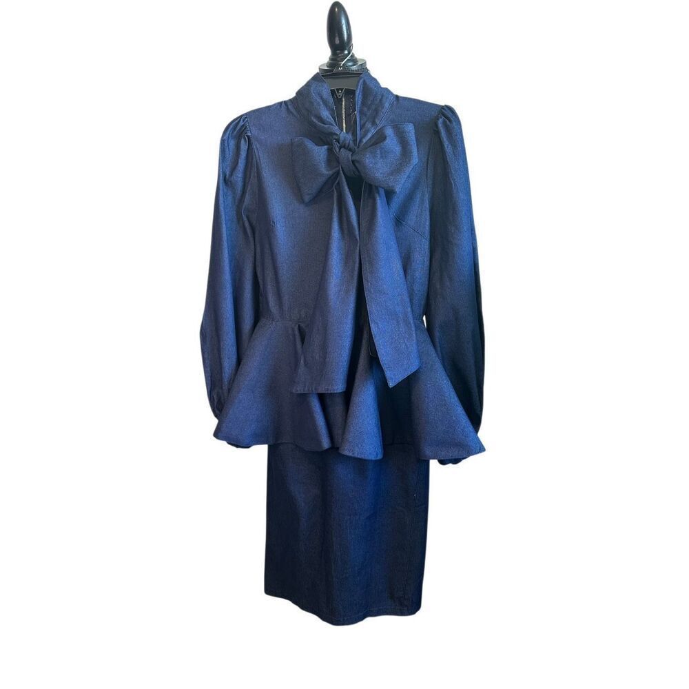 Eien Blue Jean Puff Sleeve Peplum Stretch Bow Neck Tie Dress